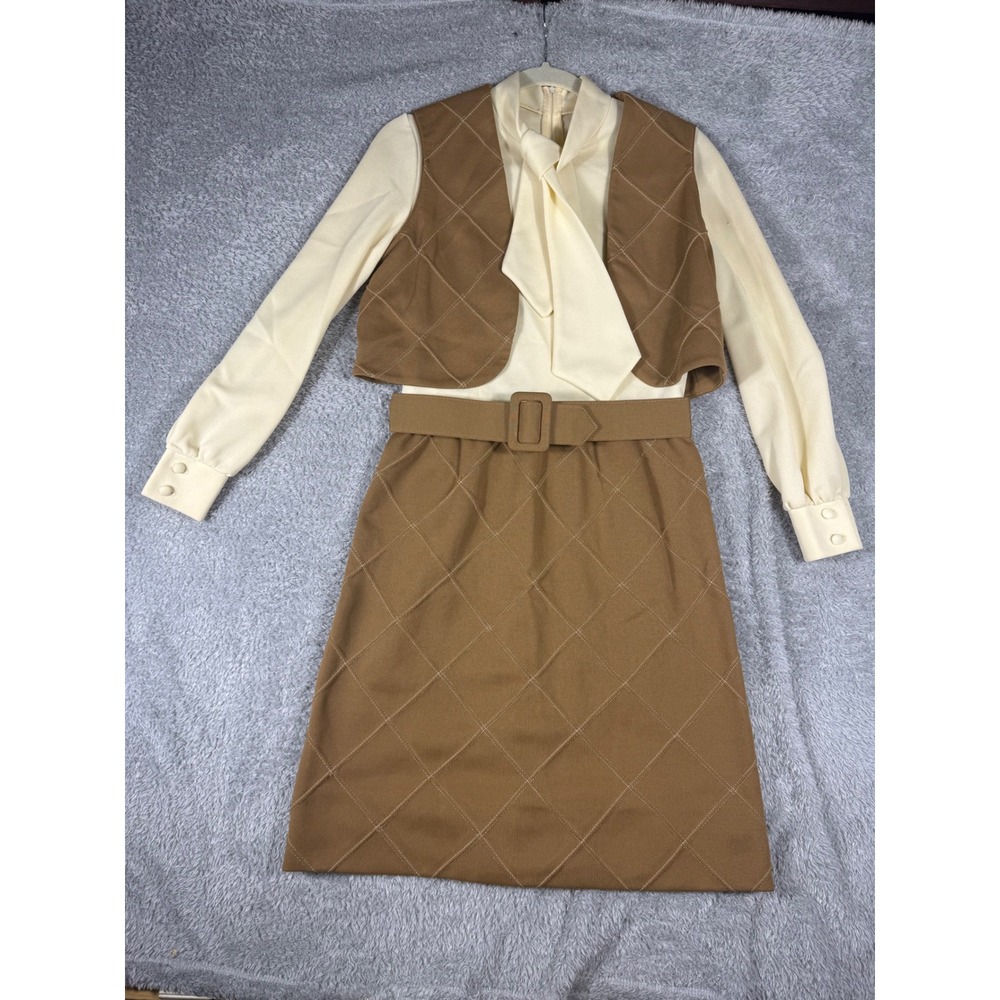 Vintage 3 Pc Skirt Set Womens M Brown Cream Quilted Vest Blouse Belt 70s Mod